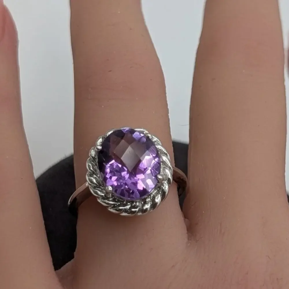 925 Sterling Silver Lg Oval Facet Cut Amethyst Twisted Rope Surround Ring Sz 7